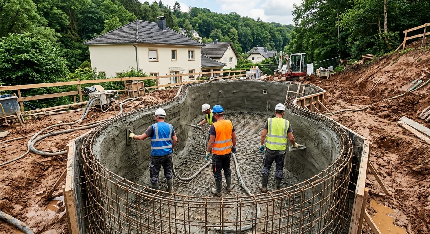 Chantier Wagner en cours, terrassement et structure béton de piscine