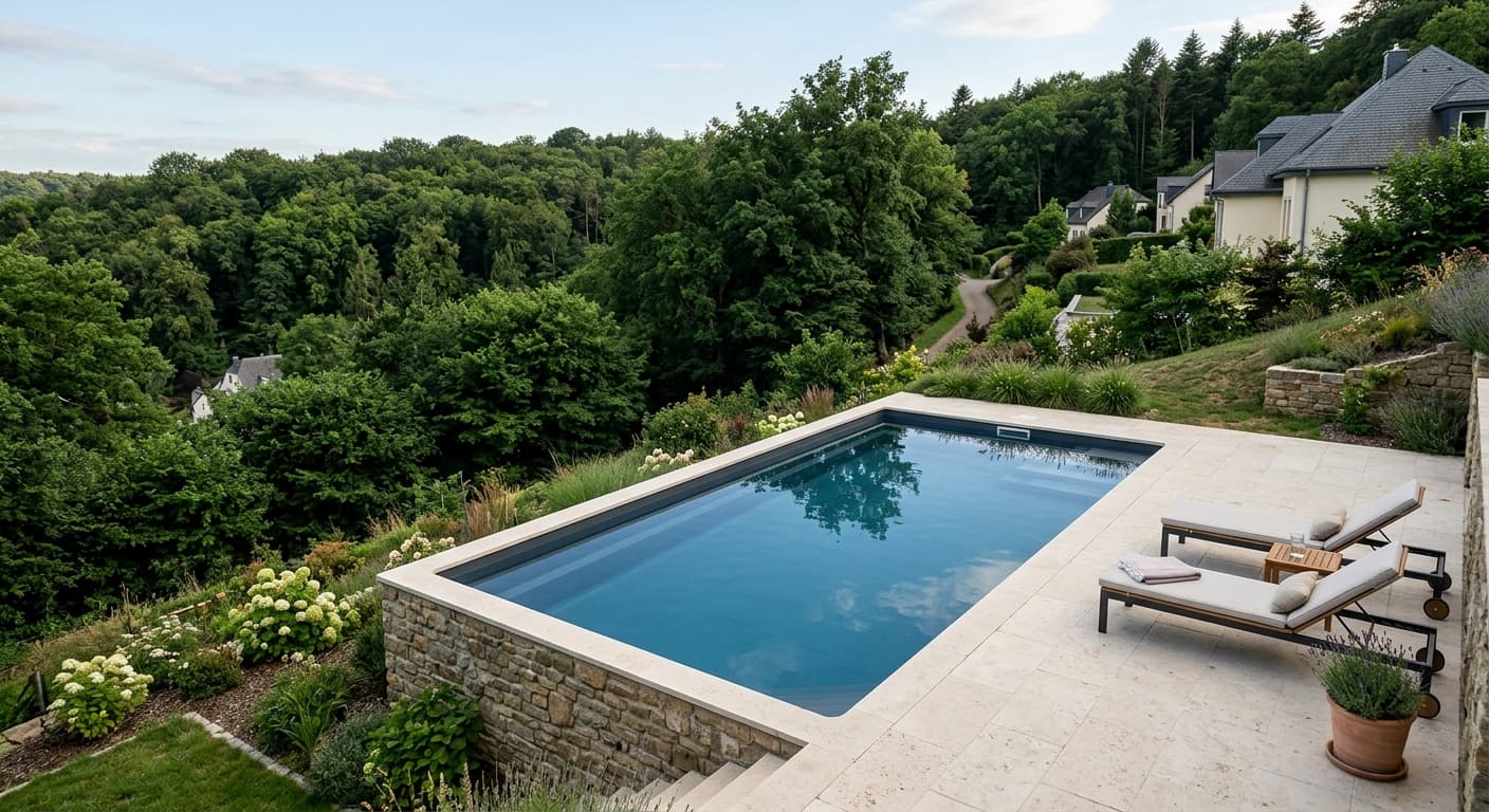Piscine coque polyester posée sur terrain en pente à Mamer
