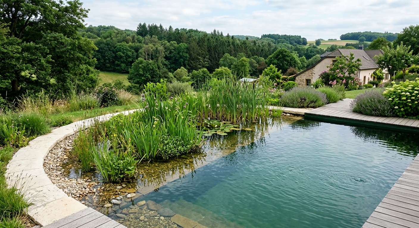 Piscine naturelle à lagunage filtrée par plantes à Hesperange